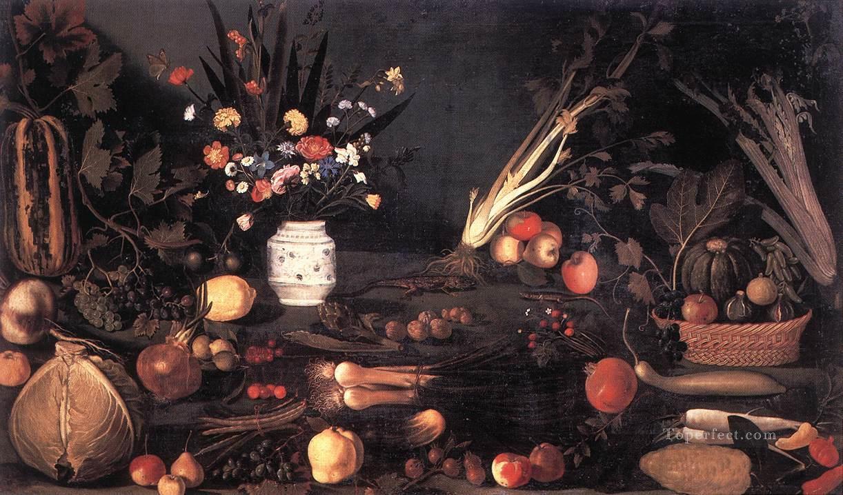 Bodegón con flores y frutos flor religiosa barroca de Caravaggio Pintura al óleo